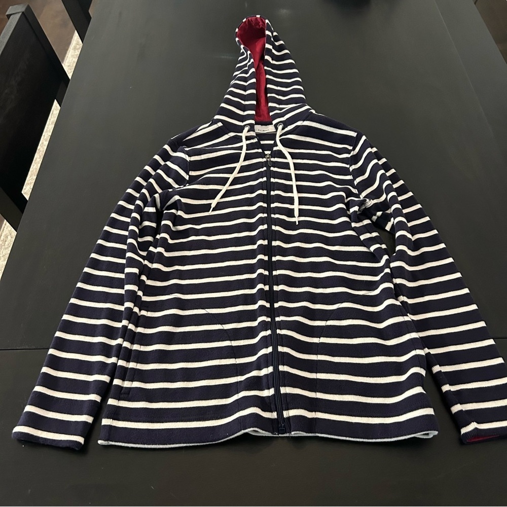 LL Bean jacket with hoodie. Navy and off white. Size xs